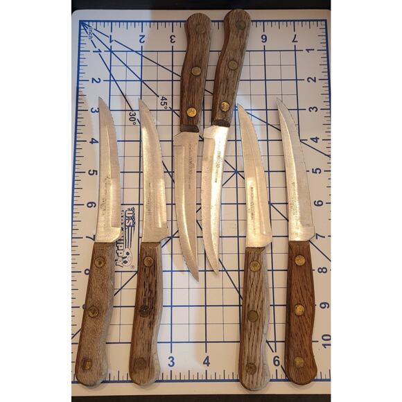 6 Lifetime Cutlery Old Homestead Vintage Wooden Handle Steak Knives, 4.5" blade - Picture 1 of 6